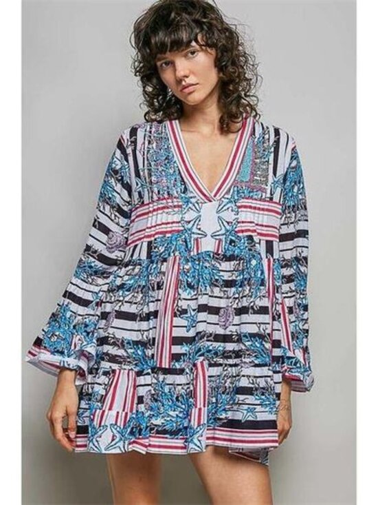 POL Dresses & Skirts - POL Striped Floral Long Sleeve Mini Dress with Pintuck Detail